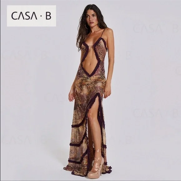 NEW to CASA B💫|Seraphina Sheer Cut-Out Frill Leopard Script Print Maxi dress - Picture 7 of 16